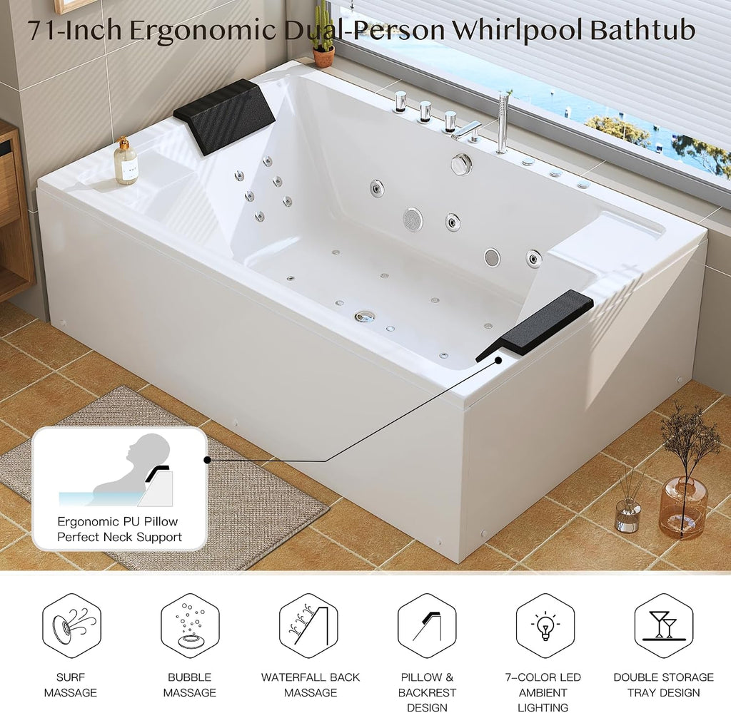 71 x 47-Inch Two-Person Whirlpool Bathtub - 30 Jets