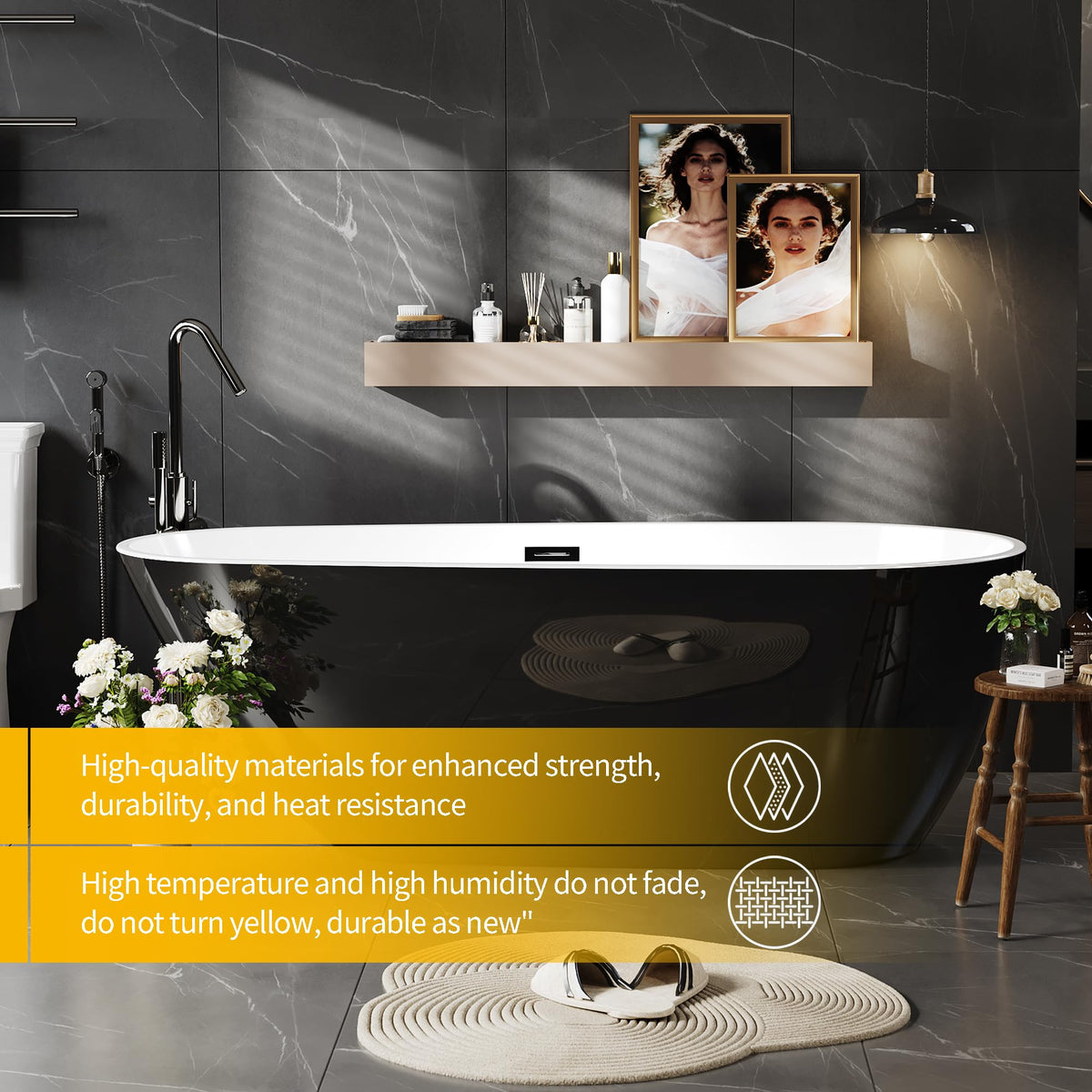 67'' Acrylic Freestanding Bathtub, Extra-Deep Soaking Free Standing Tub for Luxurious Bathing Experience, with Chrome Drain, for Main Bathroom, Black & White