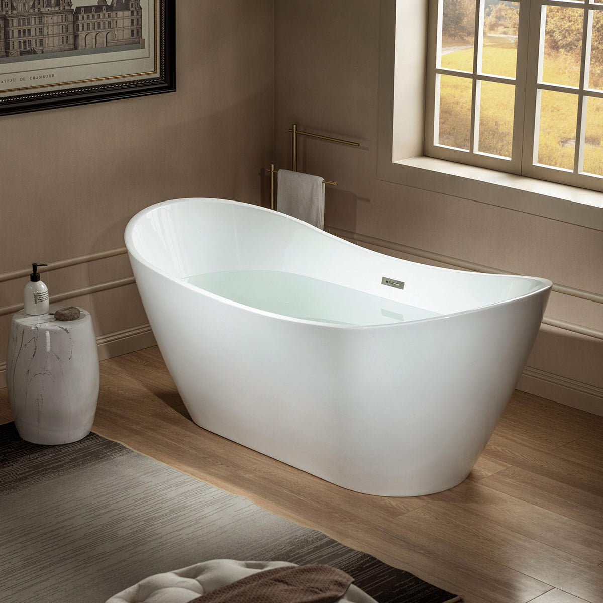 WOODBRIDGE 59" Acrylic Freestanding Bathtub Contemporary Soaking White Tub with Chrome Overflow and Drain