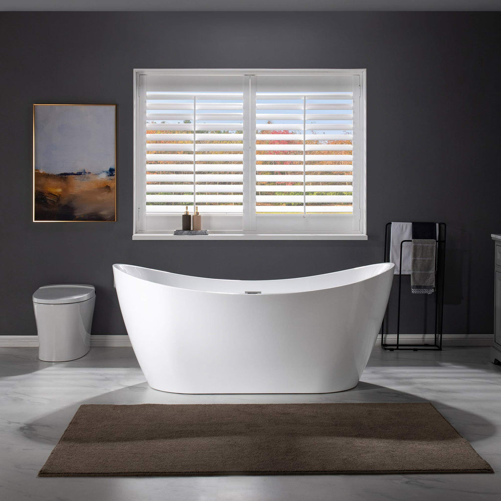 WOODBRIDGE 67" Acrylic Freestanding Bathtub Contemporary Soaking White Tub with Matte Black Overflow and Drain,B0010-MB-Drain &O