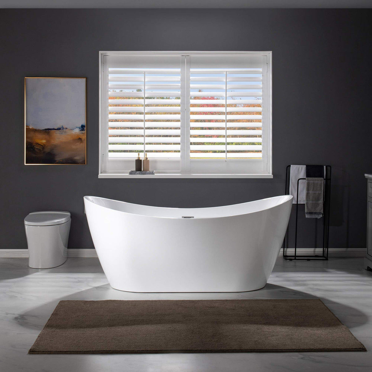 WOODBRIDGE 67" Acrylic Freestanding Bathtub Contemporary Soaking White Tub with Matte Black Overflow and Drain,B0010-MB-Drain &O