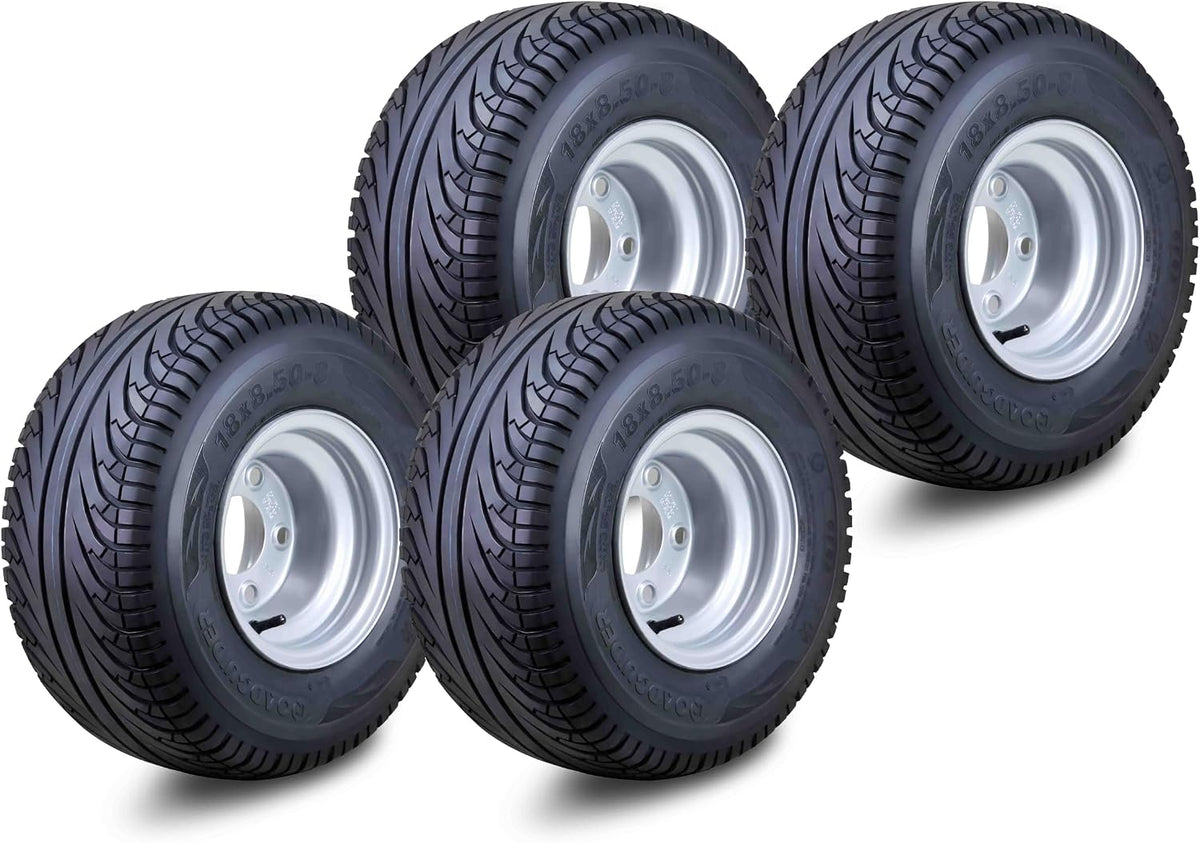 ROADGUIDER Golf Cart Tire & Wheel 18X8.50-8 4PR w 4X4" Silver Rim 14039-S4