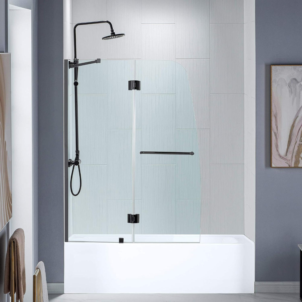 Woodbridge Frameless Hinged Bathtub Shower, 5/16" Tempered Panel, 48" W x 58" H Tub Glass Door in Matte Black Finish, Include Support Bar