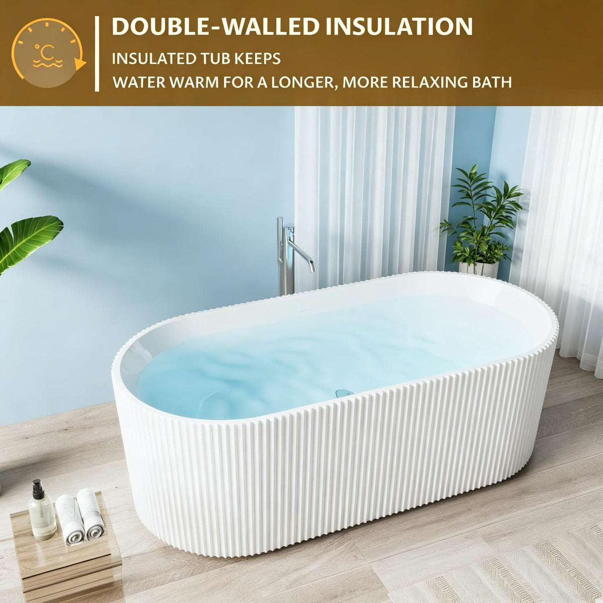 67'' Acrylic Freestanding Bathtub, Extra-Deep Soaking Free Standing Tub for Luxurious Bathing Experience, with Chrome Drain, for Main Bathroom, Black & White