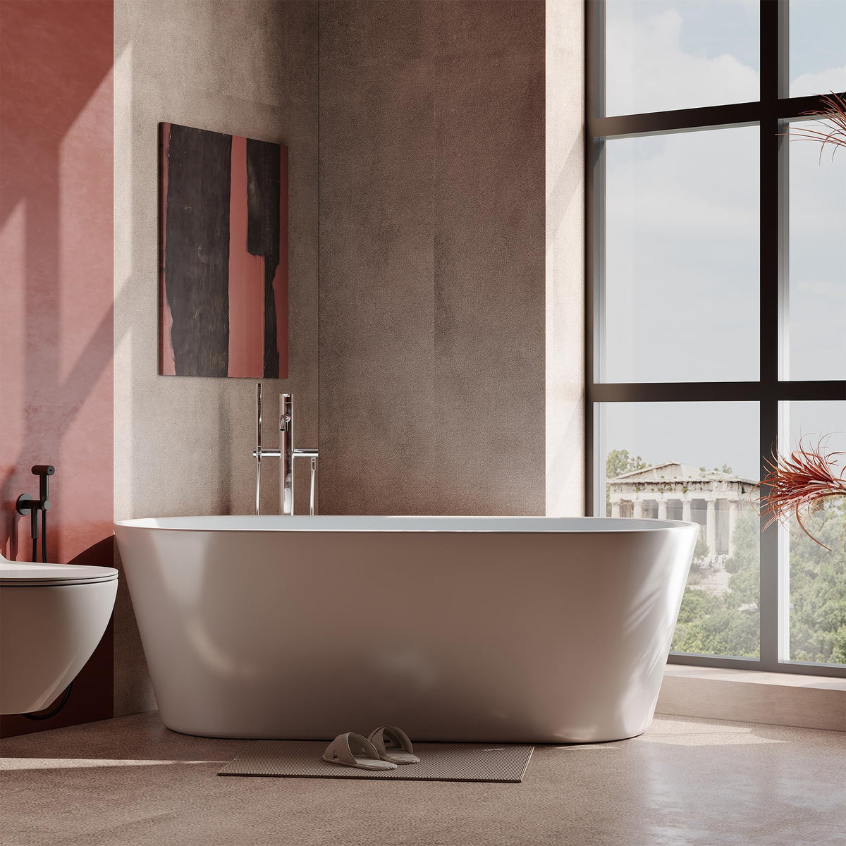 59 Inch Freestanding Bathtubs, White Acrylic Free Standing Bathtub, Modern Soaking Tub with Integrated Overflow & Chrome Drain for Bathroom Remodel