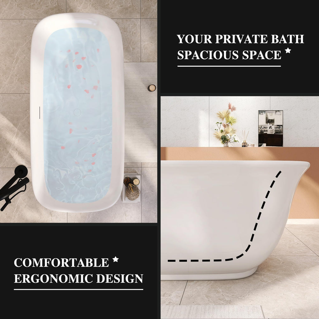 61" Freestanding Bathtubs, Acrylic Soaking Tubs for Adult, Integrated Overflow and Drain, cUPC Certified, Glossy White