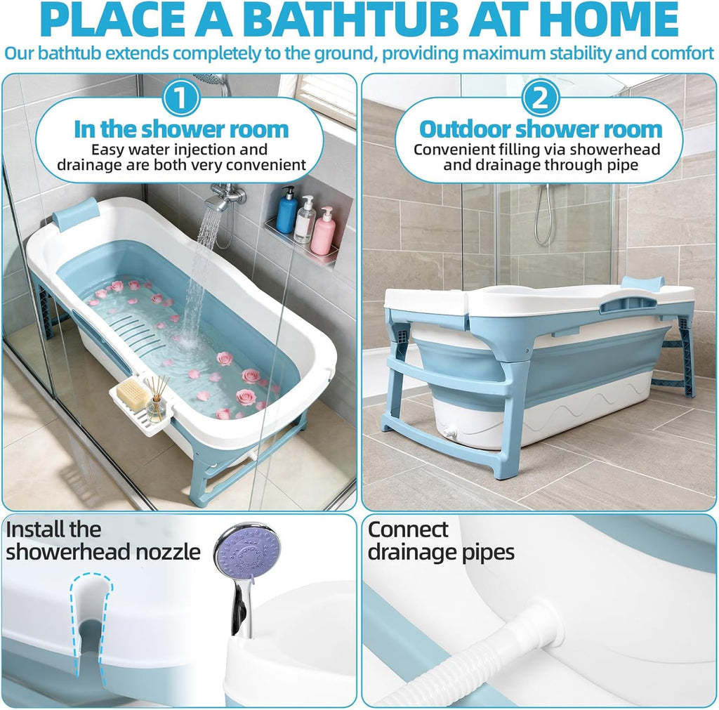 51" Large Foldable Bathtub for Adult[No Installation] - Portable Bathtub for Shower Stall | Collapsible Bath Tub with Dual Drains for Shower | Bathroom Freestanding Bathtubs | Ice Hot Bath Tubs