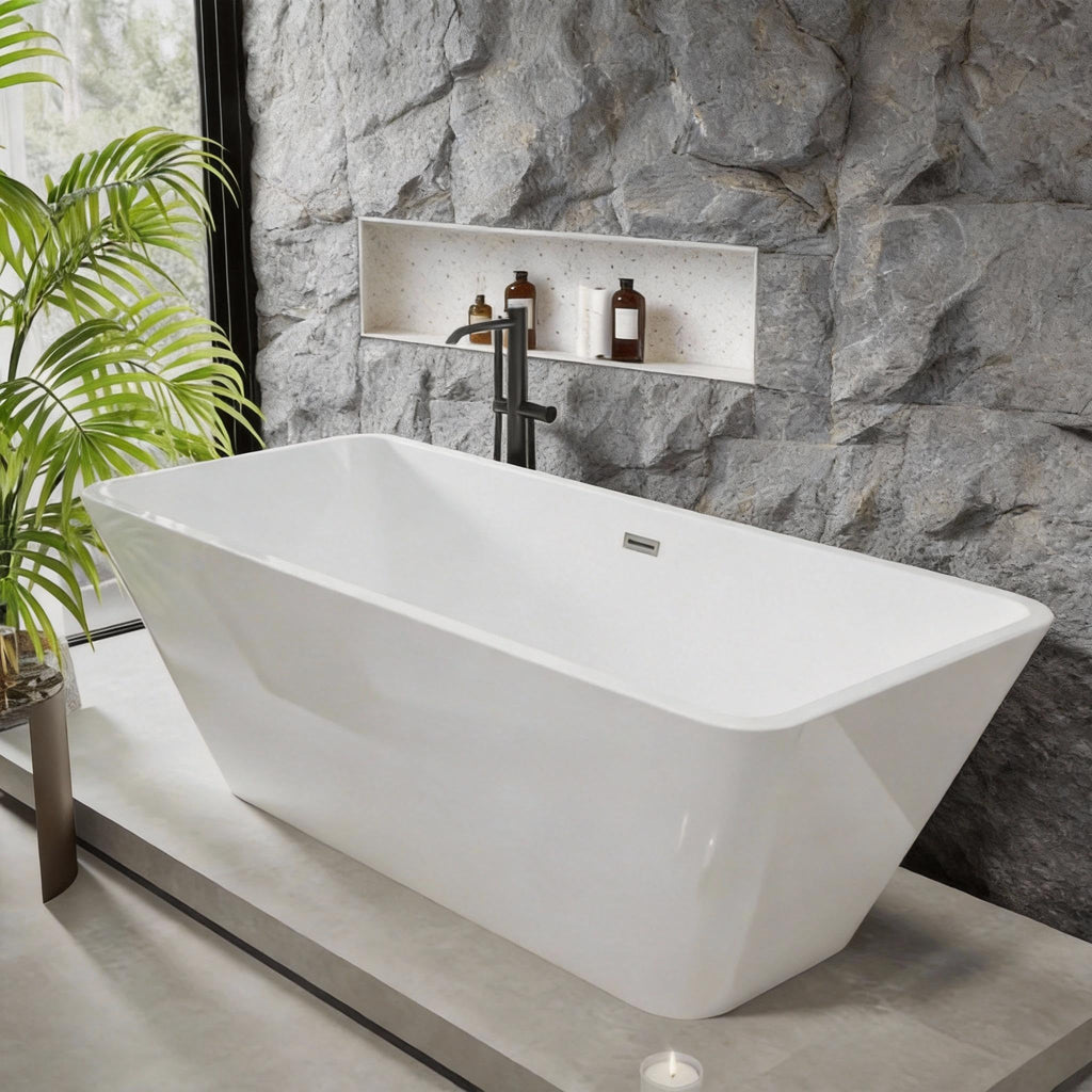 59" Acrylic Freestanding Bathtub, Modern Soaking Tub with Matte Drain and Overflow, Ergonomic Deep Design, Double-Walled Insulation, CUPC Certified, Easy Clean, Slip-Resistant, Gloss White