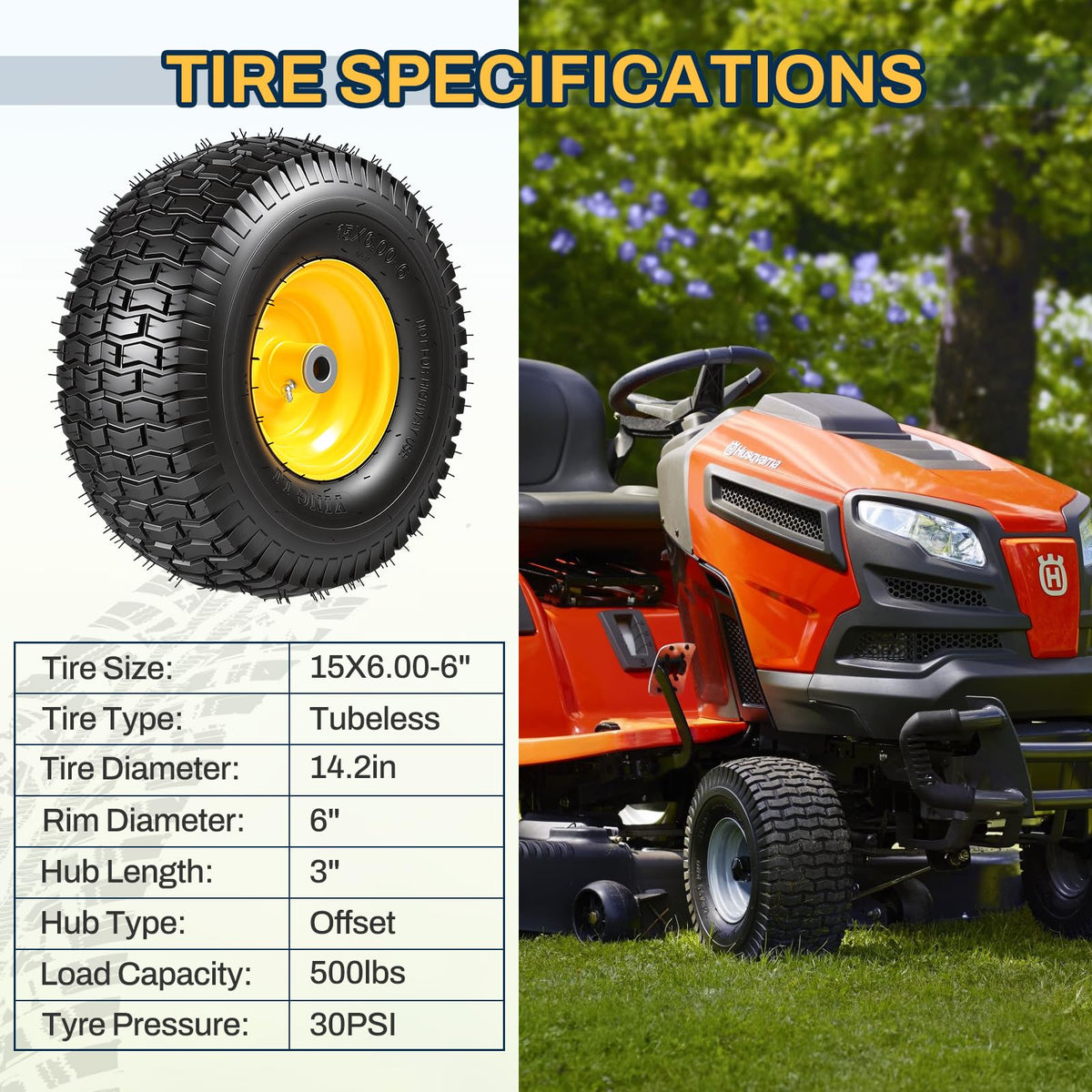 15x6.00-6 Flat Free Lawn Mower Tire and Wheel, 15x6-6 Front Tire Assembly