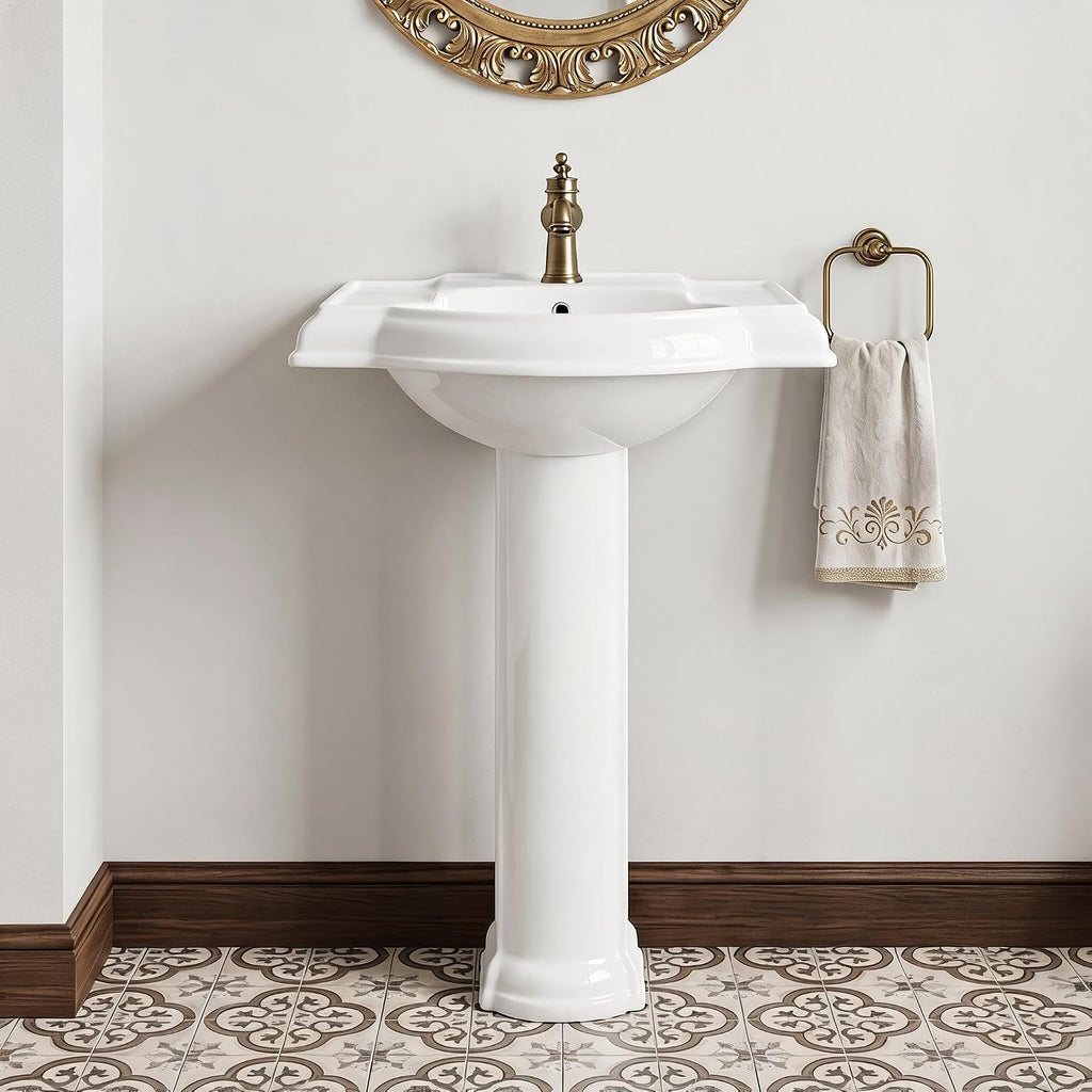 Garvee White Ceramic Pedestal Bathroom Sink, Single Hole Freestanding Basin