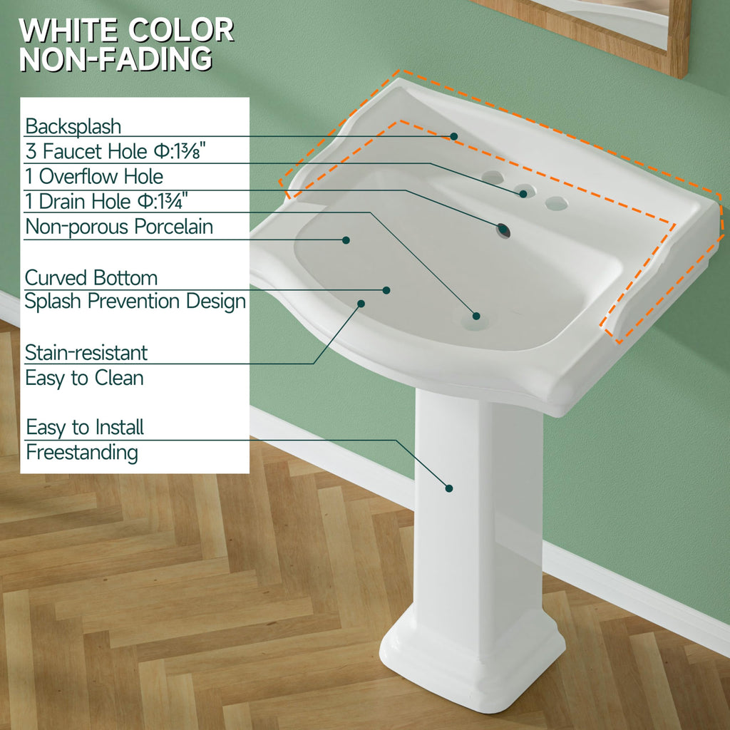 Miuara Freestanding 23 x19 Inch White Pedestal Sink 3 Hole for Bathroom