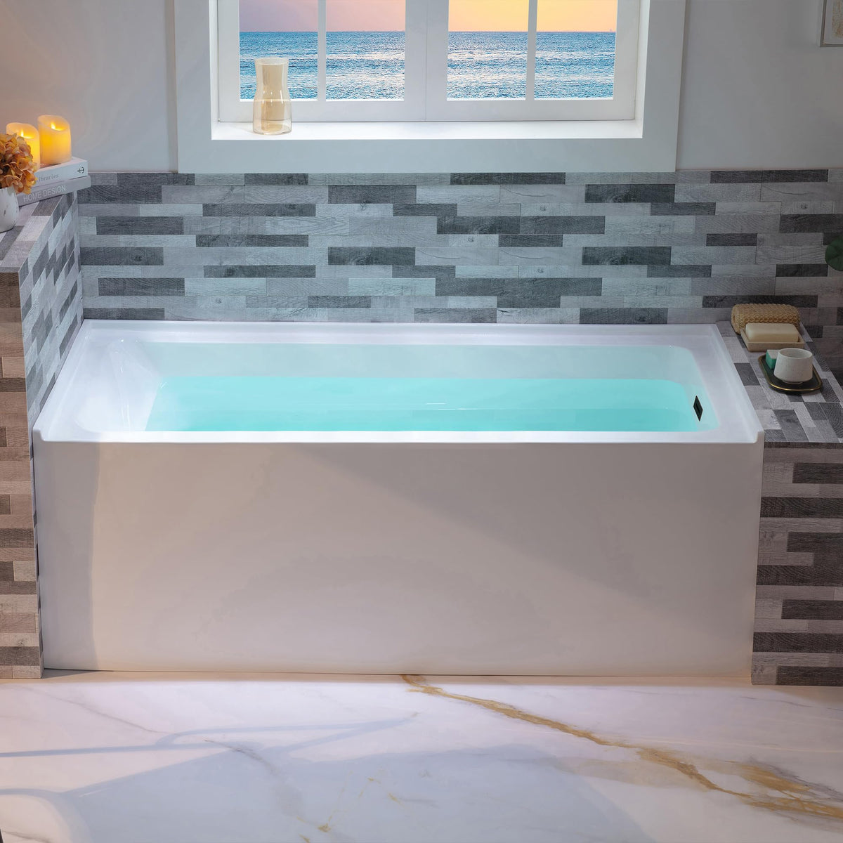 WOODBRIDGE 60" Acrylic Rectangular Alcove Soaking Bathtub in White with Left Drain, Brushed Nickel pop-up Drain Included, LB428-L