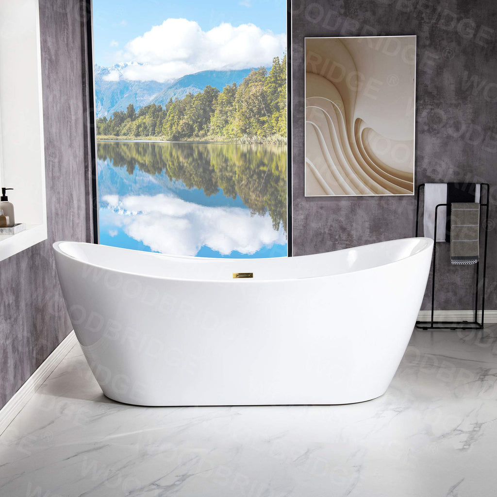 WOODBRIDGE 71" Acrylic Freestanding Bathtub Contemporary Soaking Tub , White Acrylic ( Matte Black Drain/Overflow),B0017 MB Drain &O