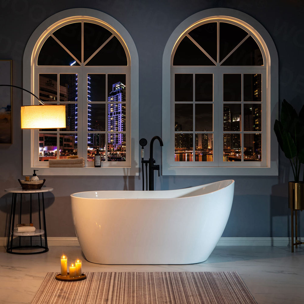 WOODBRIDGE 54"Freestanding White Acylic Soaking Bathtub with Brushed Nickel Drain and Overflow,BTA1507 -B/N-Drain &O