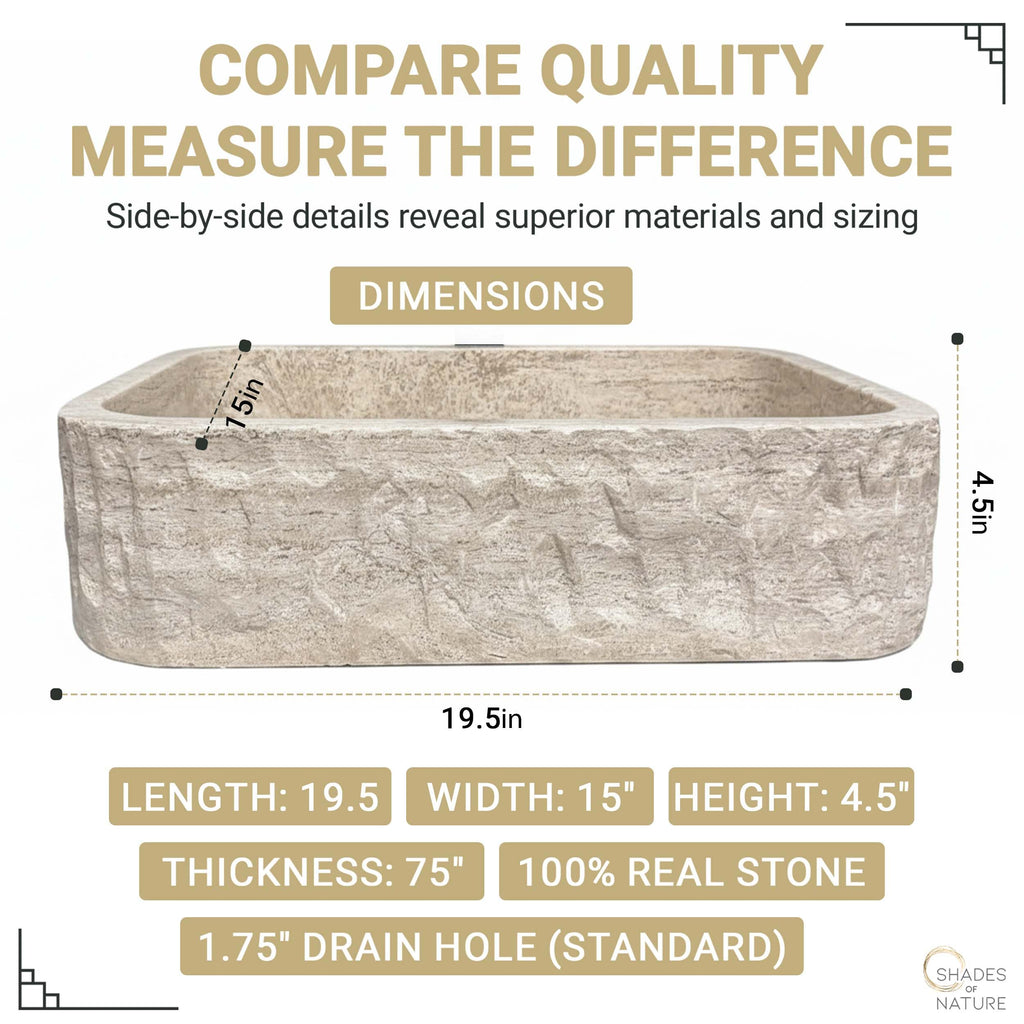 Oval Travertine Vessel Sink â Natural Stone Wash Basin, Hand-Carved Bathroom Sink with Chiseled Exterior & Polished Interior, Above Counter Vanity Basin (Includes Matching Soap Tray)