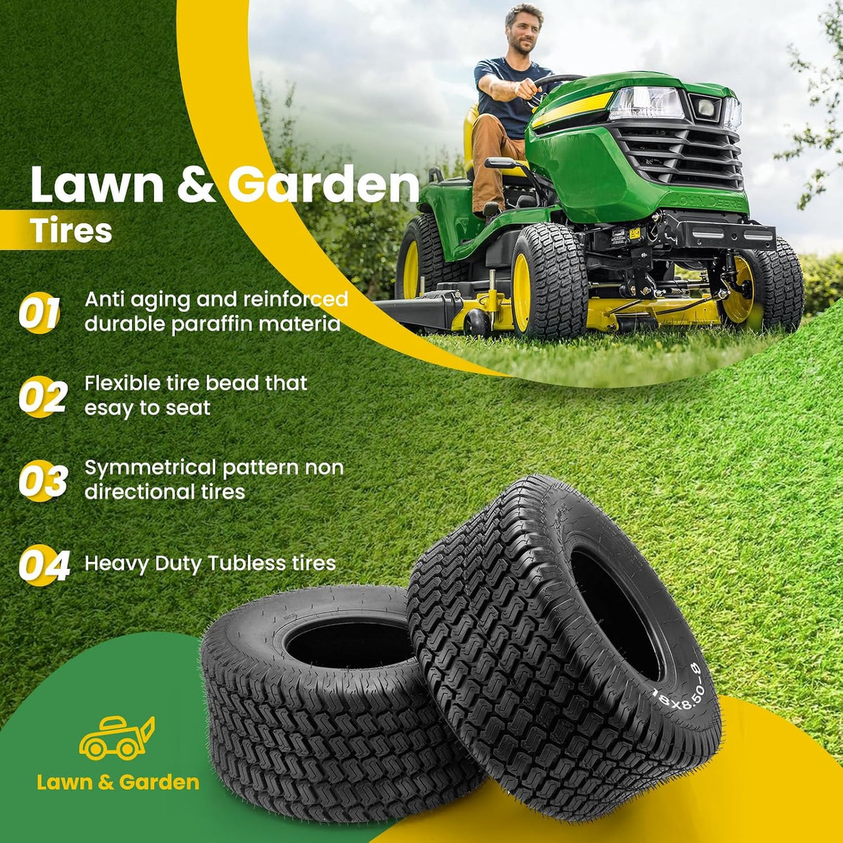 18x8.50-8 Lawn Mower Tire,18x8.50x8 Lawn Mower Tires Set of 2, 4-Ply Tubeless Turf Tires for Zero Turn Mower/Golf Cart/Tractor, Heavy Duty 18x8.5-8 Tires with P332 Tread, Max Load 815LBS