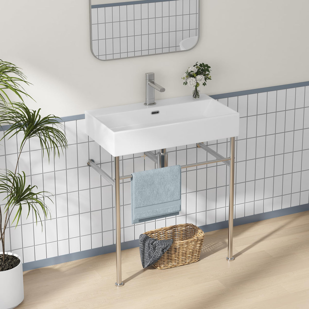Eridanus 24"x16" Console Bathroom Sink, Free Standing 30 Inch Stainless Steel Support Pedestal Legs, Wall Mount White Vessel Ceramic Vanity Basin, Modern Rectangular Sinks Porcelain, Matte Black