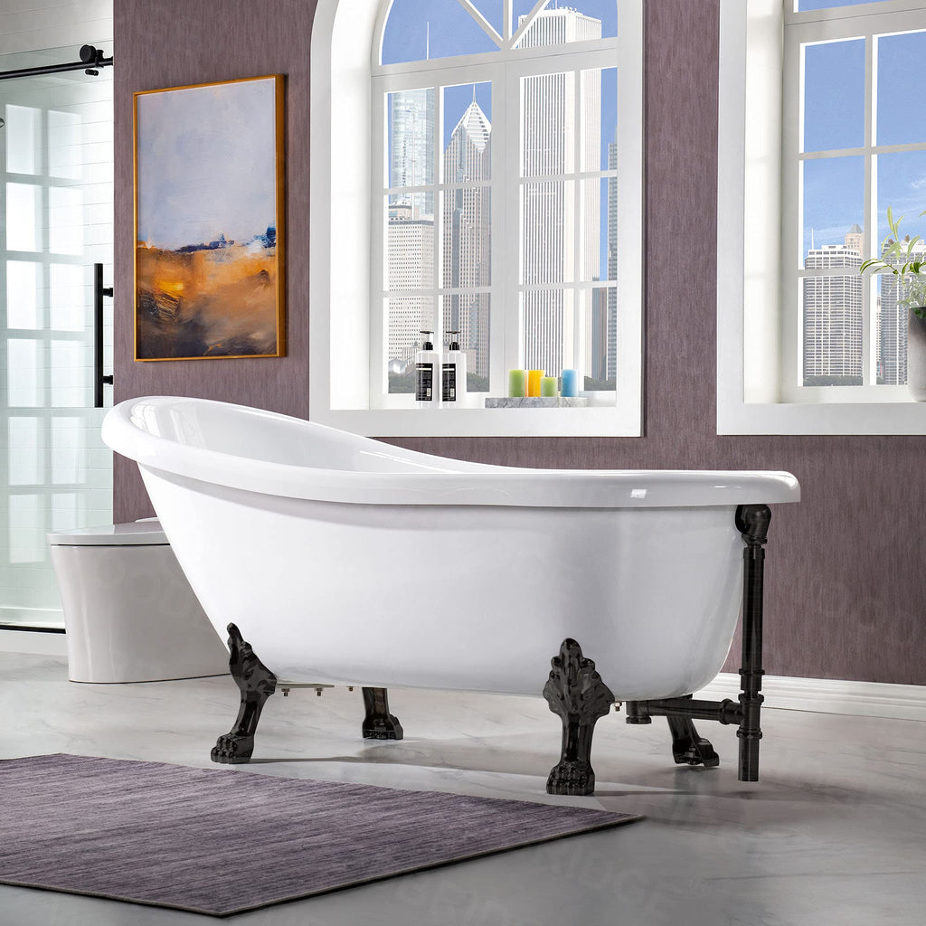 WOODBRIDGE 67" Heavy Duty Acrylic Slipper Clawfoot Bath Tub with Matte Black Feet + Matte Black Drain &Overflow