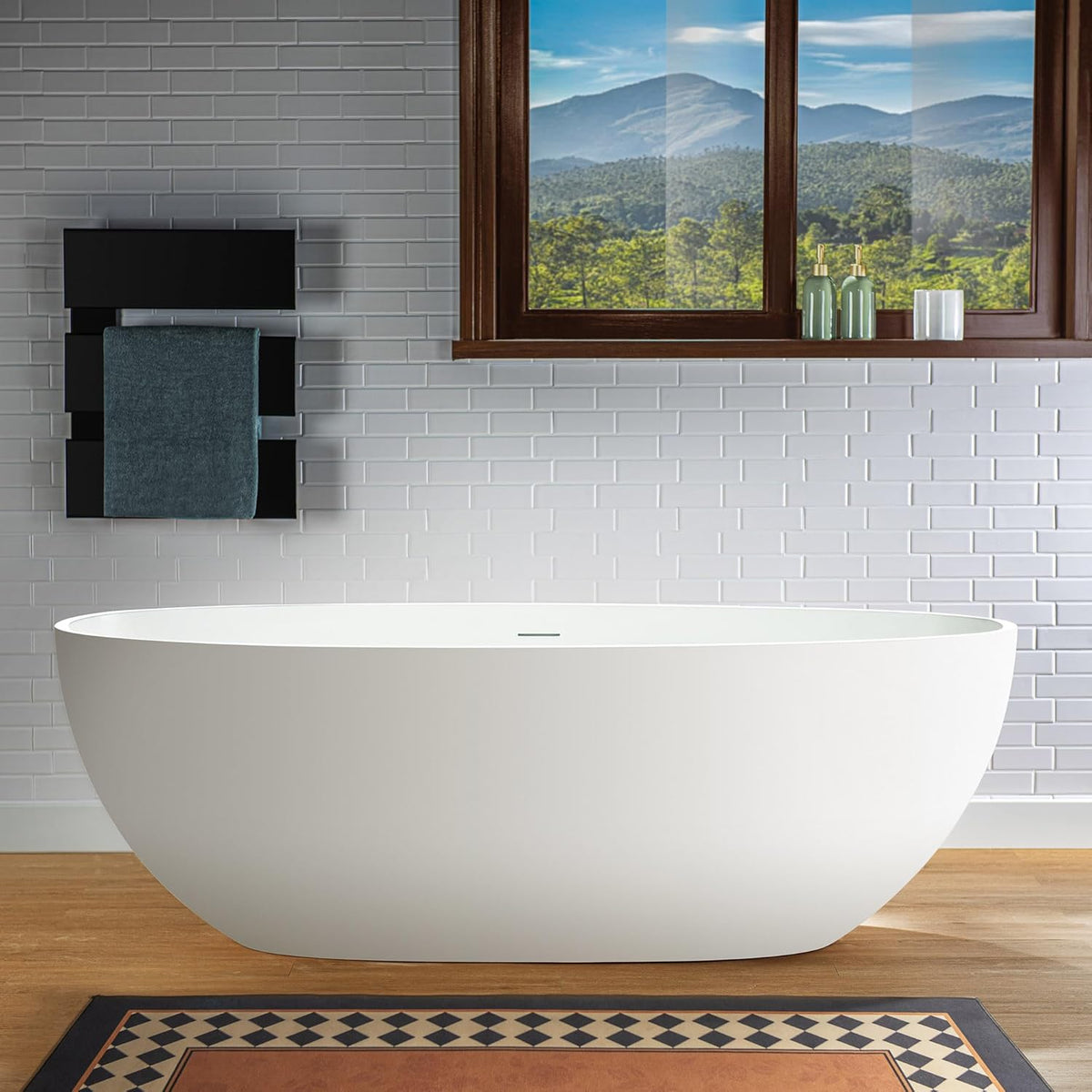 WOODBRIDGE 61" Stone Resin Freestanding Soaking Tub, Modern Oval Solid Surface Bathtub with Integrated Slotted Overflow & Drain, Matte White