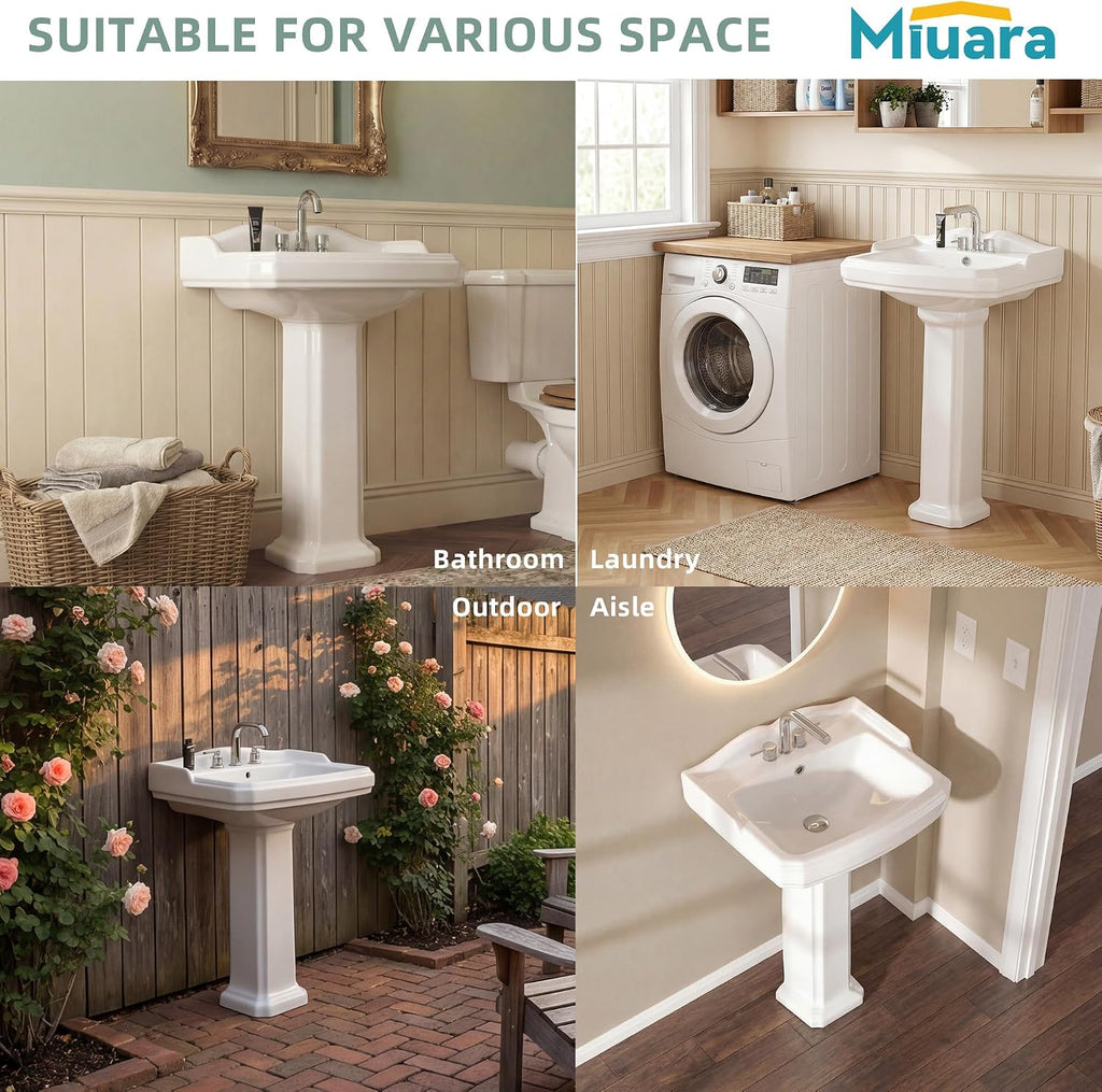Miuara Freestanding 23 x19 Inch White Pedestal Sink 3 Hole for Bathroom