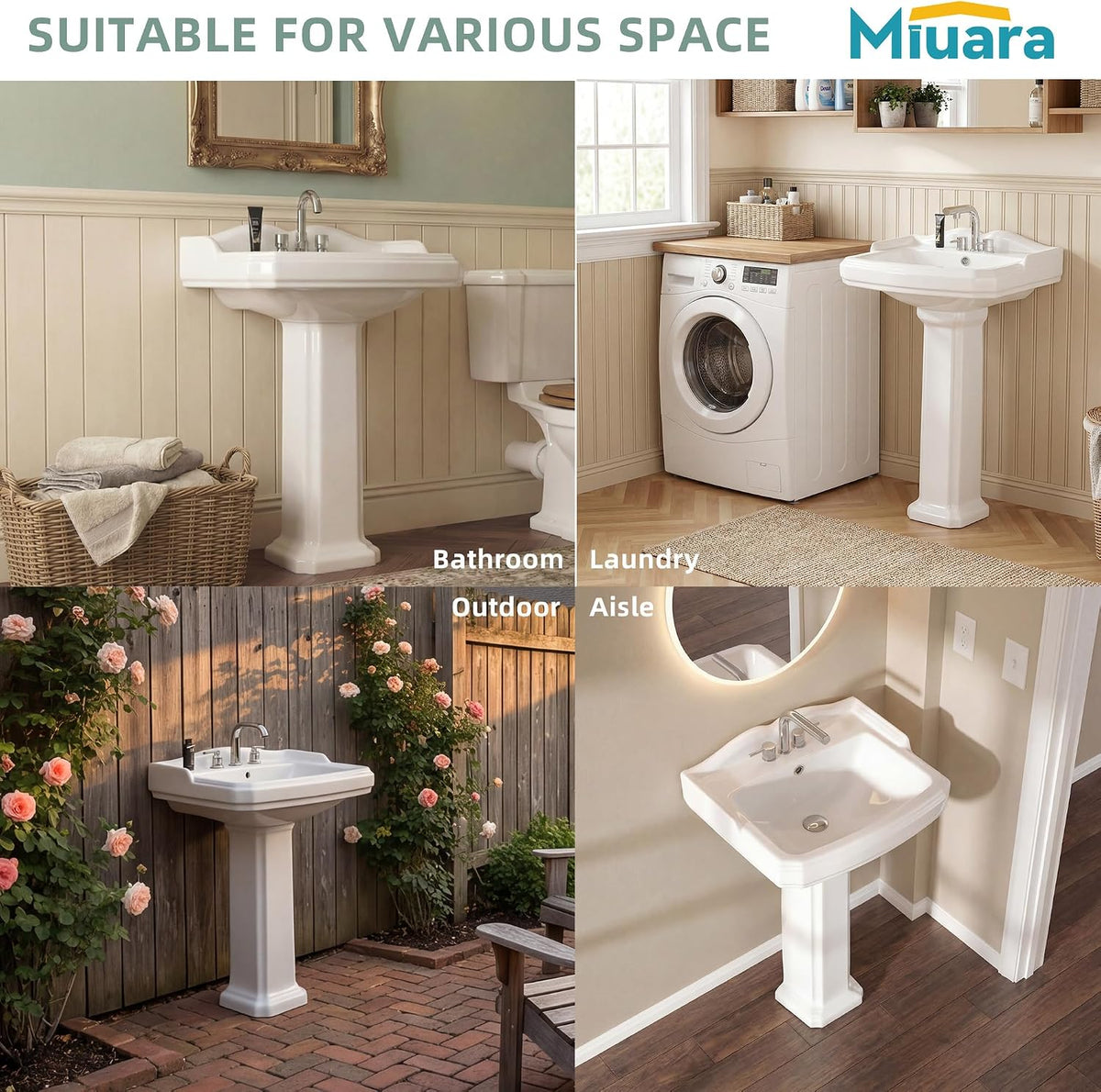Miuara Freestanding 23 x19 Inch White Pedestal Sink 3 Hole for Bathroom