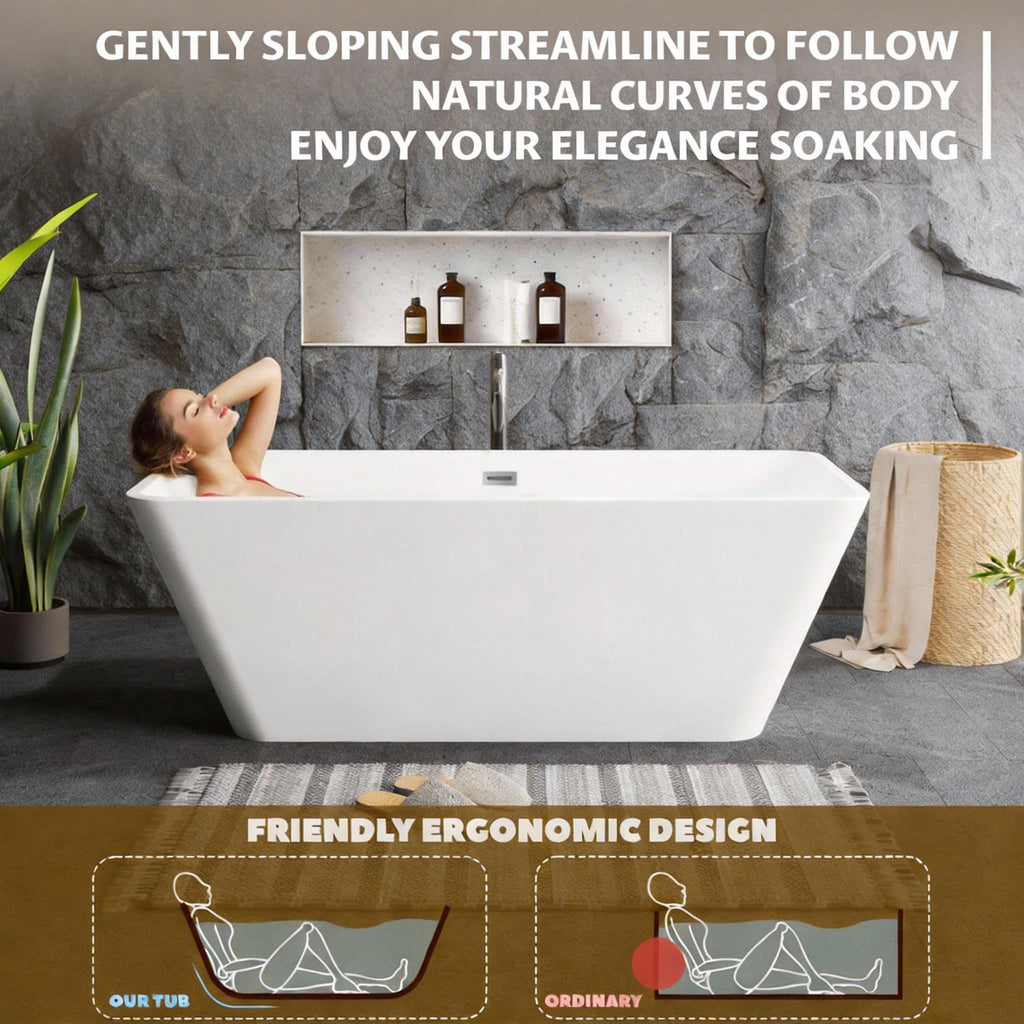 67'' Acrylic Freestanding Bathtub, Extra-Deep Soaking Free Standing Tub for Luxurious Bathing Experience, with Chrome Drain, for Main Bathroom, Black & White