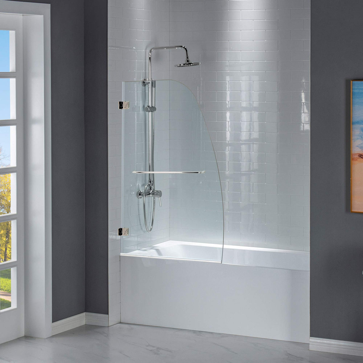 Woodbridge Frameless Hinged Bathtub Shower, 5/16" Tempered Panel, 48" W x 58" H Tub Glass Door in Matte Black Finish, Include Support Bar