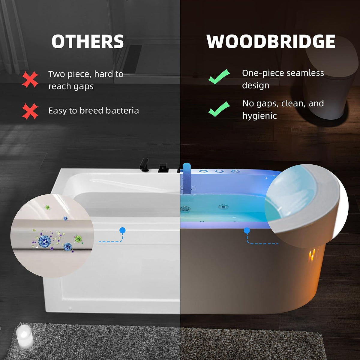 WOODBRIDGE 66-1/2" Ã 31-7/8" Whirlpool & Air, Heated Bathtub with Faucet