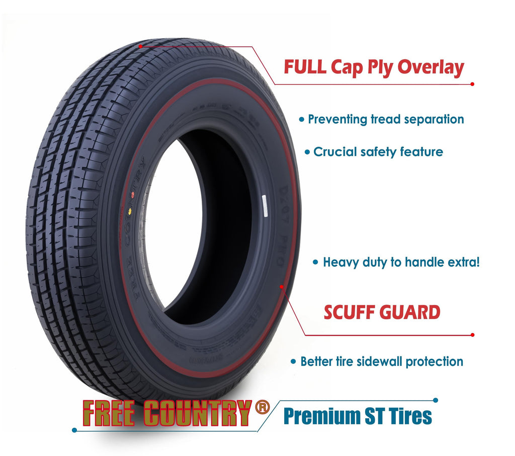 Free Country Grand Ride Set 4 Trailer Tires ST225/75R15 10 Ply Load Range E Steel Belted Radial w/Featured Scuff Guard