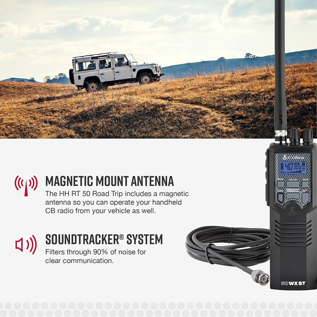 Cobra HHRT50 Road Trip CB Radio - 2-Way Handheld Emergency Radio with Access to Full 40 Channels & NOAA Alerts, Rooftop Magnet Mount Antenna and Omni-Directional Microphone, Black, 6.3" x 2" x 1.75"