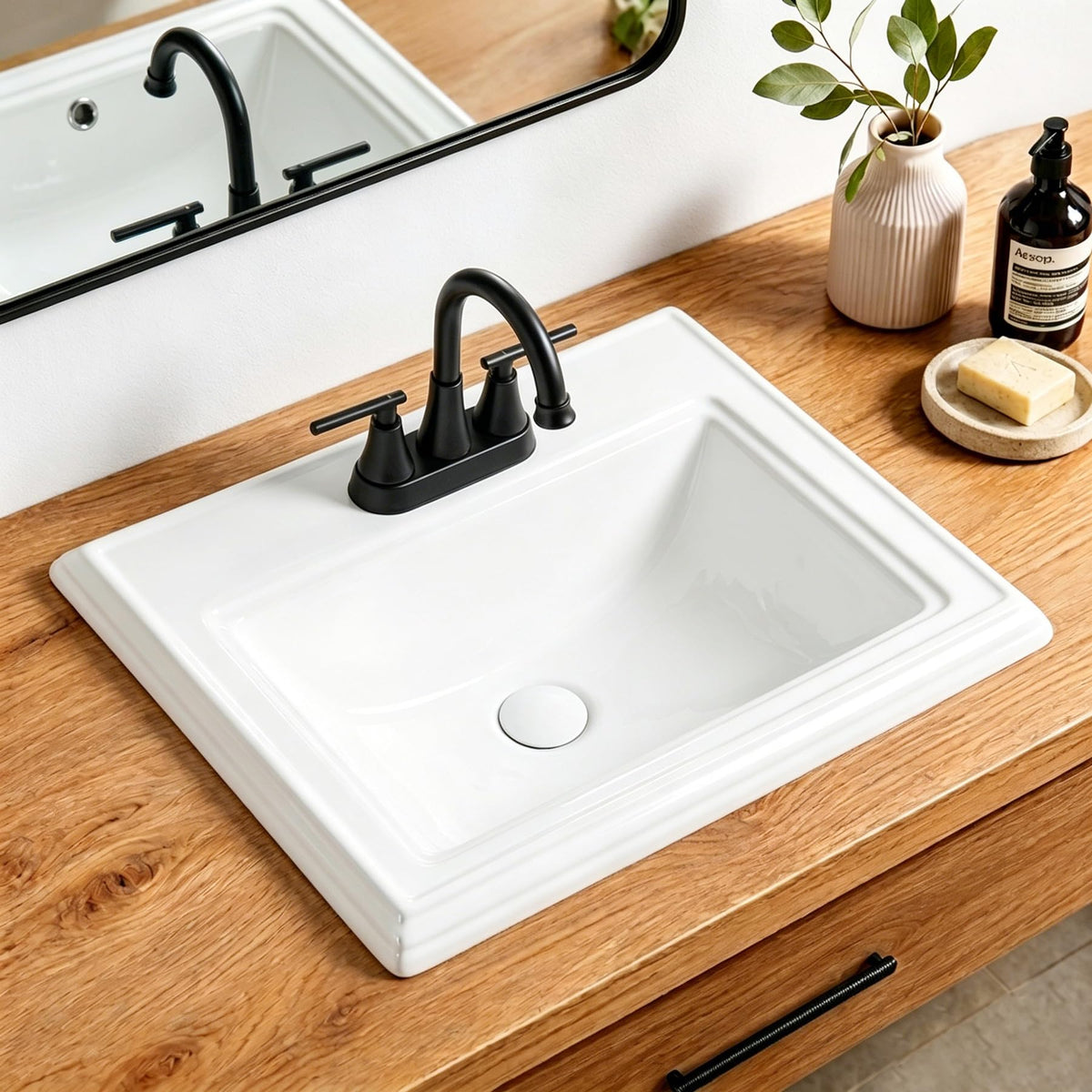 23" Drop-in Bathroom Sink with 8" Widespread 3 Hole Ceramic Basin