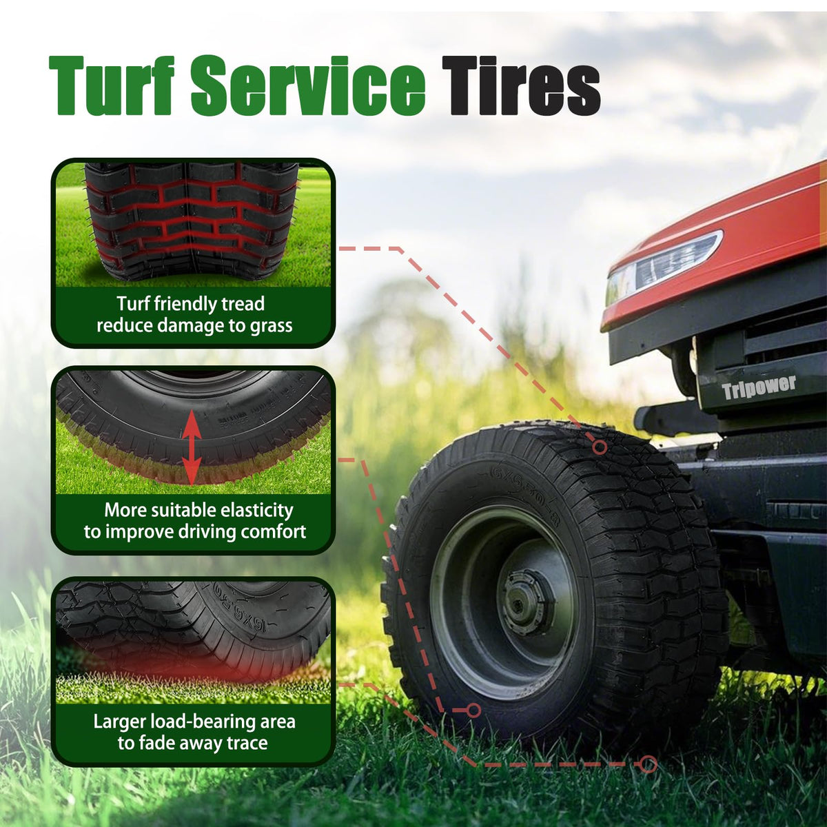TRIPOWER 24x9.50-12 Lawn Mower Tire, 1 Pack Single Replacement Tire, 4PR Tubeless Turf Tire for Riding Mowers and Garden Tractors, Tire Only, Rim Not Included