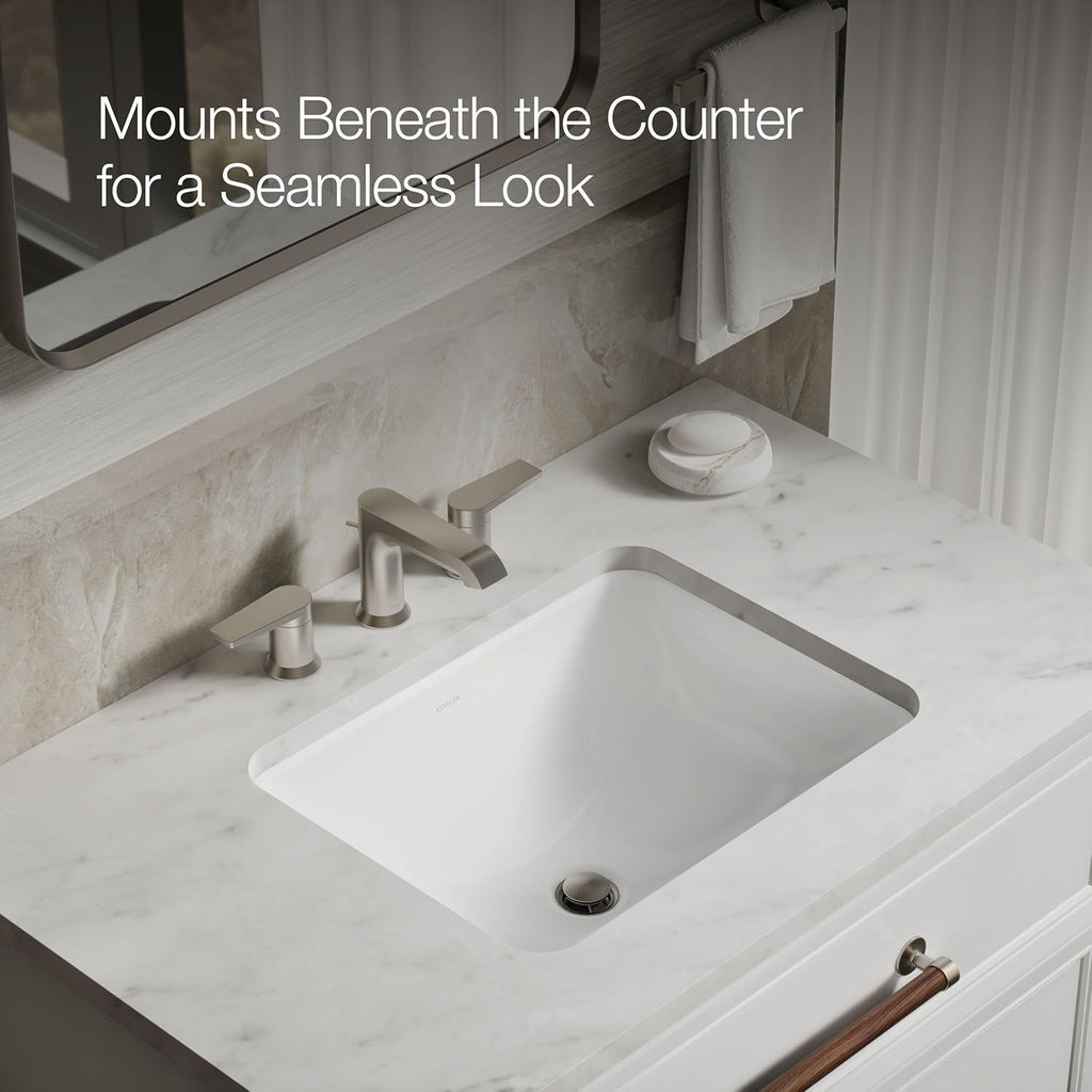 KOHLER 20000-0 Caxton Rectangle Undermount Bathroom Sink, Bathroom Vanity Sink with Overflow Drain, 20-1/4 L x 15-11/16 W, White
