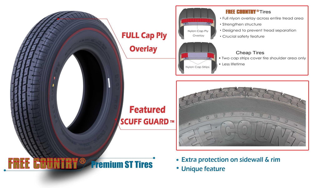 Free Country ST205/75R15 Prem Trailer Tires 8PR LR D 107N w/Scuff Guard, S2