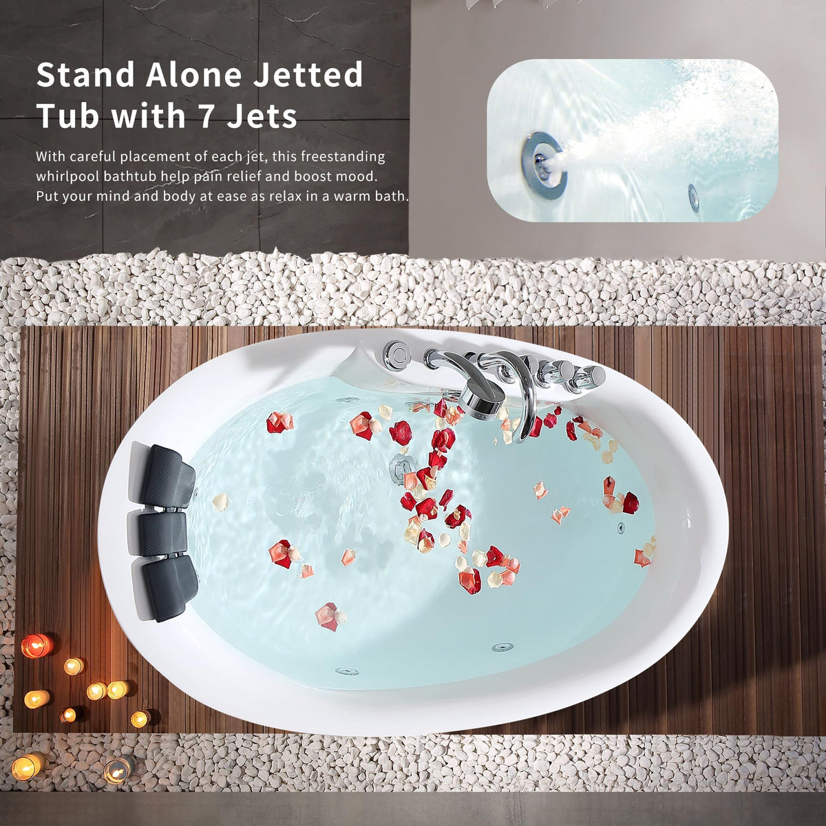 Empava 59" Freestanding Jetted Boat Shaped Whirlpool Bathtub, 8 Jets, ETL