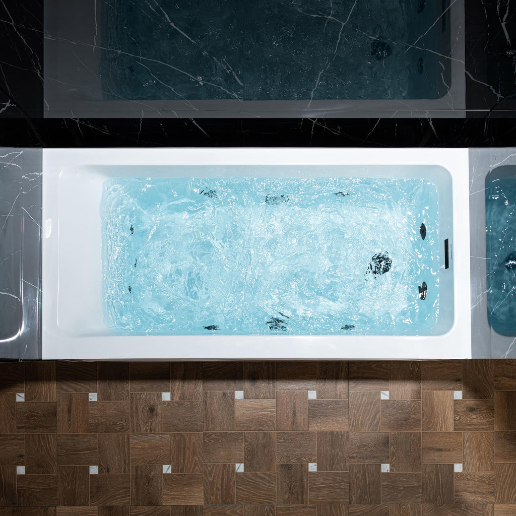 WOODBRIDGE 60" x 32" Alcove Acrylic Rectangular Whirlpool Heated Jetted Tub in White with Left Drain, Matte Black Finish, BS429-L-MB02