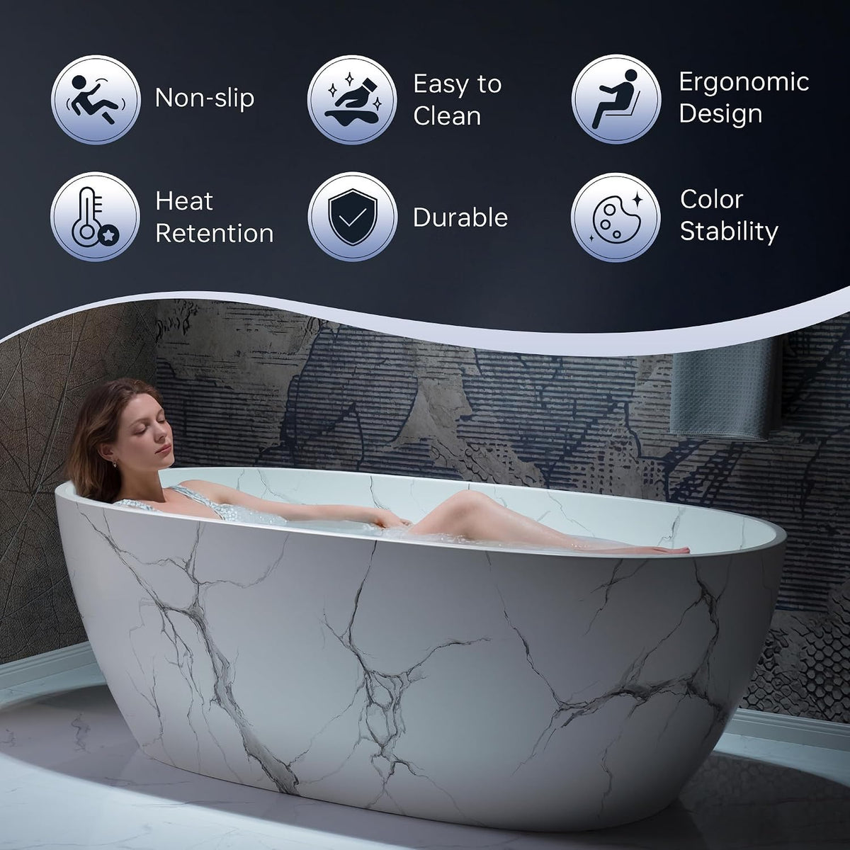 WOODBRIDGE 63" Marble-Pattern Stone Resin Freestanding Soaking Tub, Modern Oval Solid Surface Bathtub with Integrated Slotted Overflow & Drain, Matte Finish, CST0744