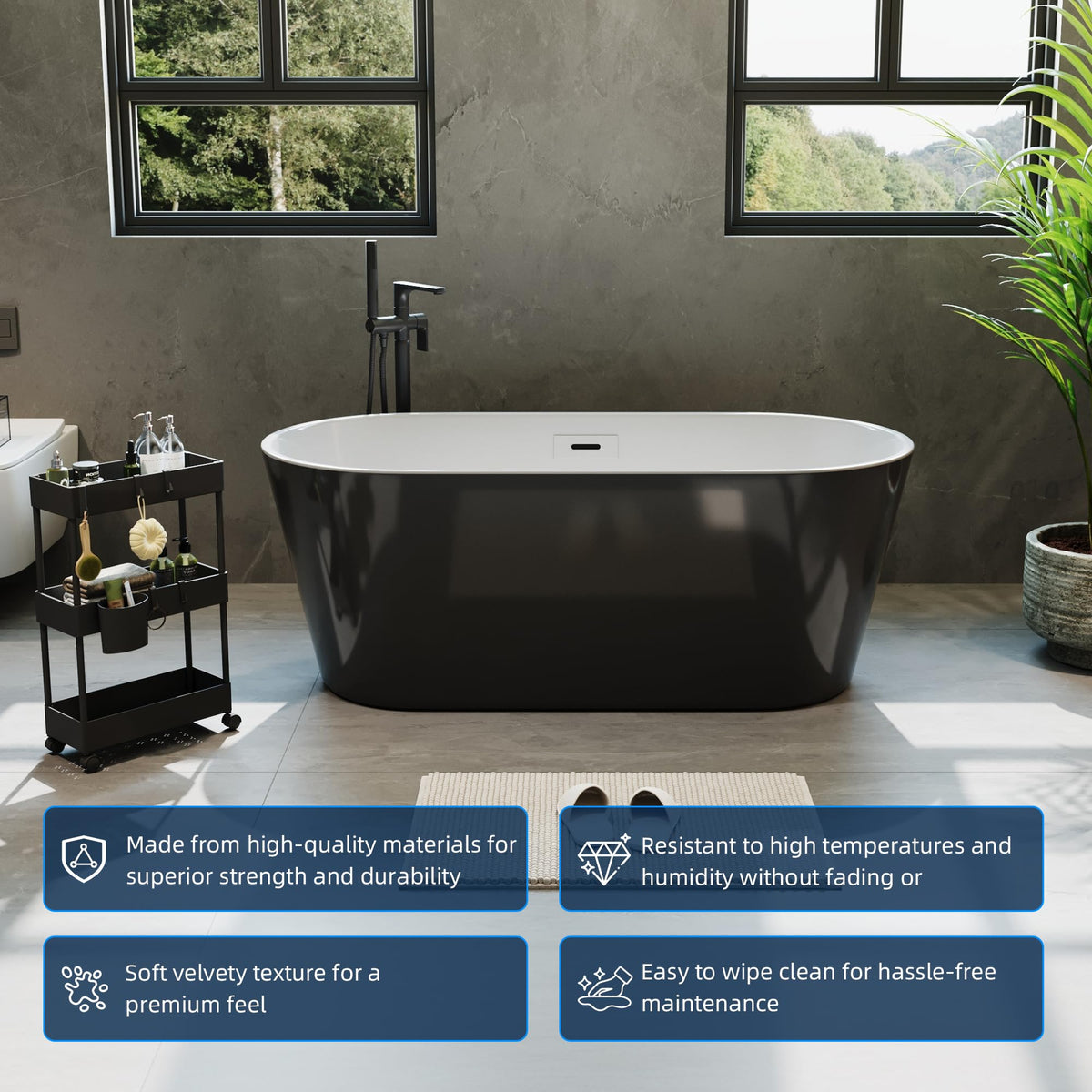 59" Acrylic Freestanding Bathtub, Modern Soaking Tub with Matte Drain and Overflow, Ergonomic Deep Design, Double-Walled Insulation, CUPC Certified, Easy Clean, Slip-Resistant, Gloss White