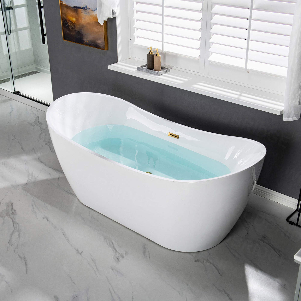 WOODBRIDGE 71" Acrylic Freestanding Bathtub Contemporary Soaking Tub , White Acrylic ( Matte Black Drain/Overflow),B0017 MB Drain &O