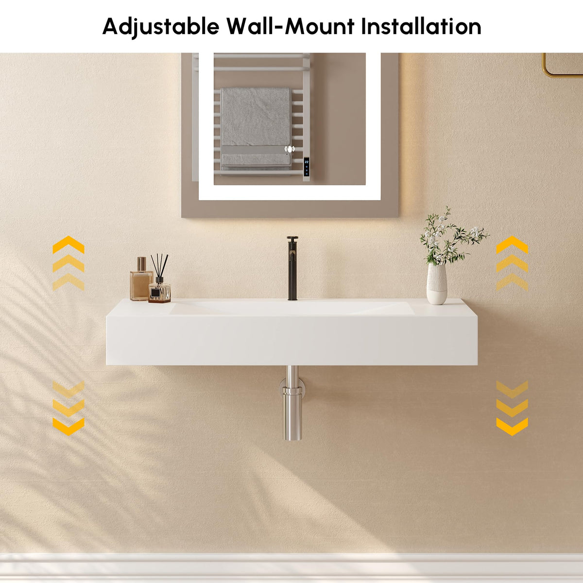 47'' Bathroom Vessel Sink Double-Bowl Bathroom Sink Wall Mounted Trough Floating Sink in Matte White