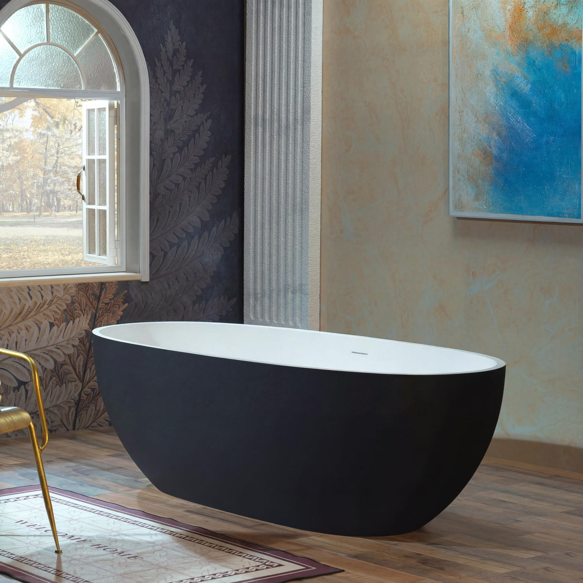 WOODBRIDGE 61" Stone Resin Freestanding Soaking Tub, Modern Oval Solid Surface Bathtub with Integrated Slotted Overflow & Drain, Matte White