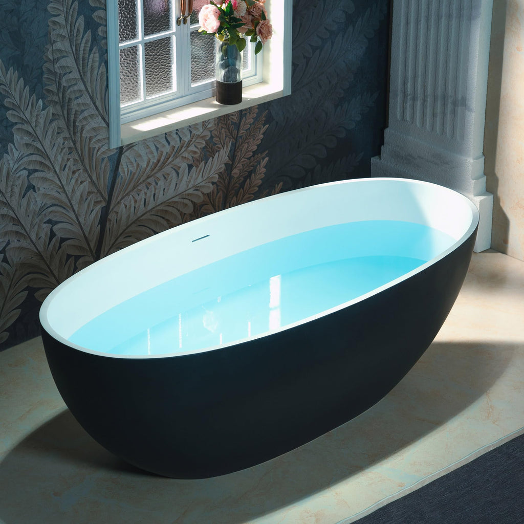 WOODBRIDGE 61" Stone Resin Freestanding Soaking Tub, Modern Oval Solid Surface Bathtub with Integrated Slotted Overflow & Drain, Matte White