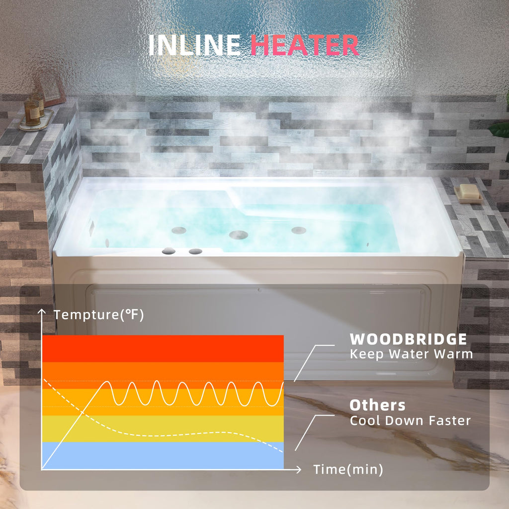 WOODBRIDGE 60" Alcove Acrylic Rectangular Whirlpool Heated Jetted Tub in White with Left Drain, Chrome pop-up Drain Included BS6030L