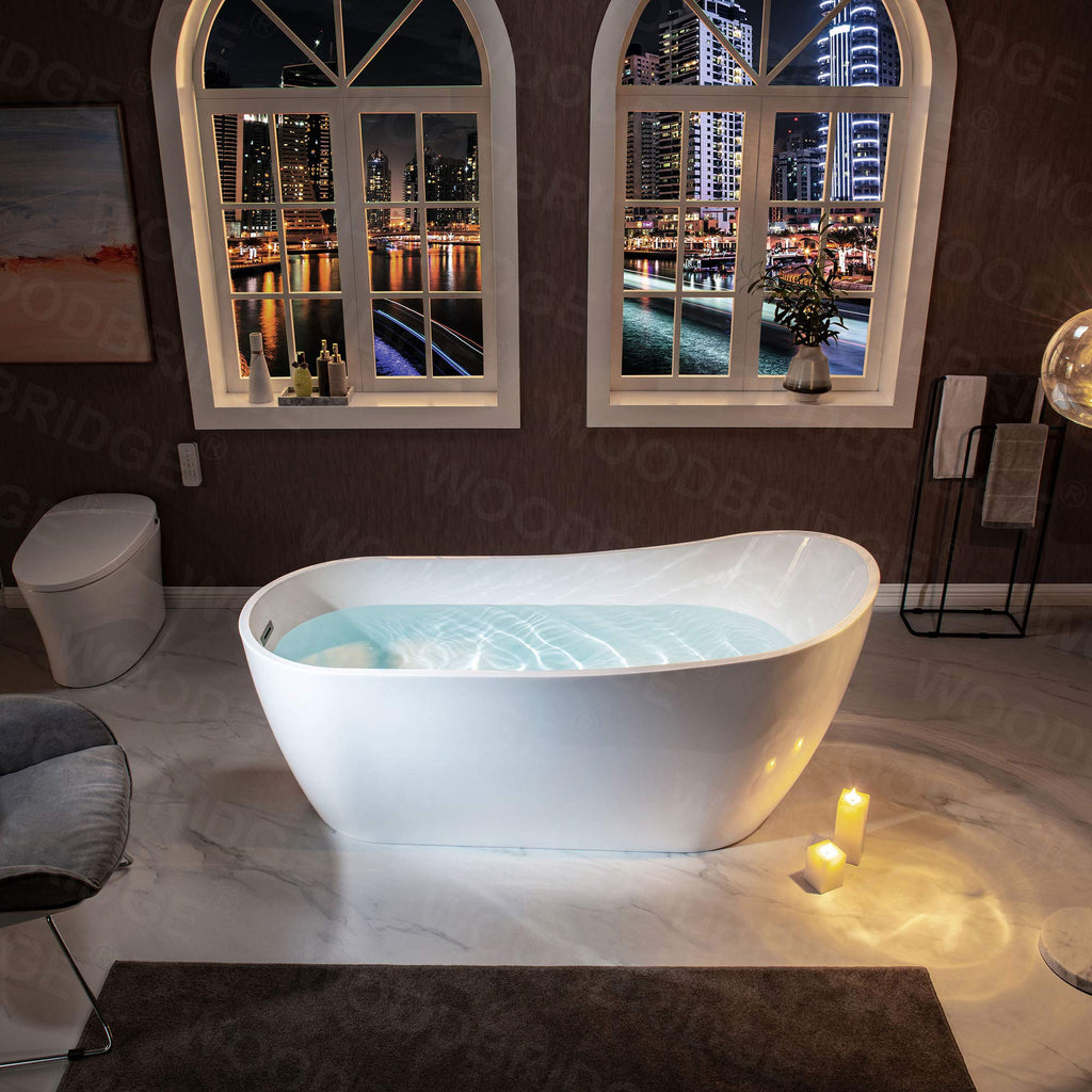 WOODBRIDGE 54"Freestanding White Acylic Soaking Bathtub with Brushed Nickel Drain and Overflow,BTA1507 -B/N-Drain &O