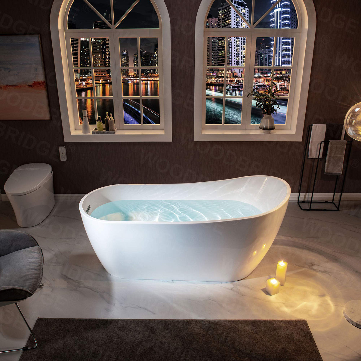 WOODBRIDGE 54"Freestanding White Acylic Soaking Bathtub with Brushed Nickel Drain and Overflow,BTA1507 -B/N-Drain &O