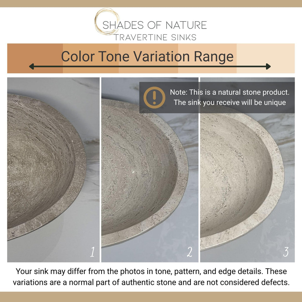 Oval Travertine Vessel Sink â Natural Stone Wash Basin, Hand-Carved Bathroom Sink with Chiseled Exterior & Polished Interior, Above Counter Vanity Basin (Includes Matching Soap Tray)