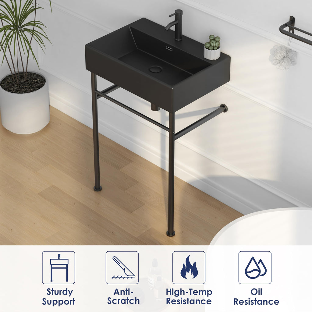 Eridanus 24"x16" Console Bathroom Sink, Free Standing 30 Inch Stainless Steel Support Pedestal Legs, Wall Mount White Vessel Ceramic Vanity Basin, Modern Rectangular Sinks Porcelain, Matte Black