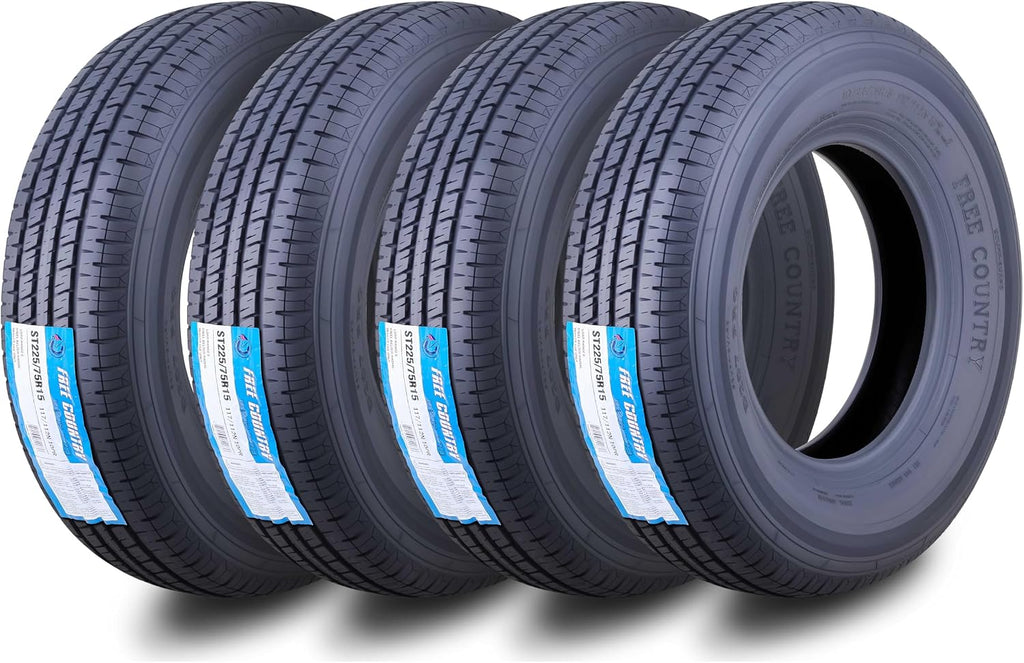 Free Country Grand Ride Set 4 Trailer Tires ST225/75R15 10 Ply Load Range E Steel Belted Radial w/Featured Scuff Guard