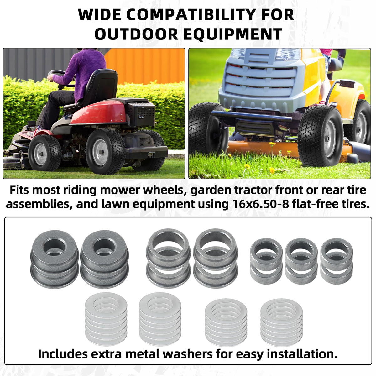 AR-PRO (2-Pack) 16x6.50-8 Flat-Free Tire and Wheel Assemblies, Relacement 16x6.5-8 Solid Turf Tire with Rim for Garden Tractor Riding Lawn Mowers, 3" Offset Hub and 3/4" Bushings