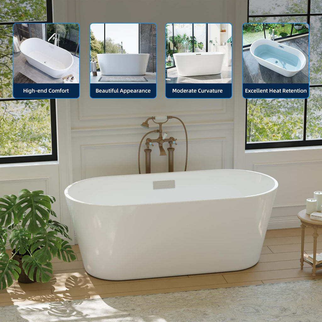 67'' Acrylic Freestanding Bathtub, Extra-Deep Soaking Free Standing Tub for Luxurious Bathing Experience, with Chrome Drain, for Main Bathroom, Black & White